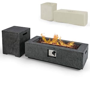 Gray Metal 42.5 in. W Outdoor Magnesium Oxide Propane Gas Fire Pit with Hideaway Tank Holder Lava Rocks