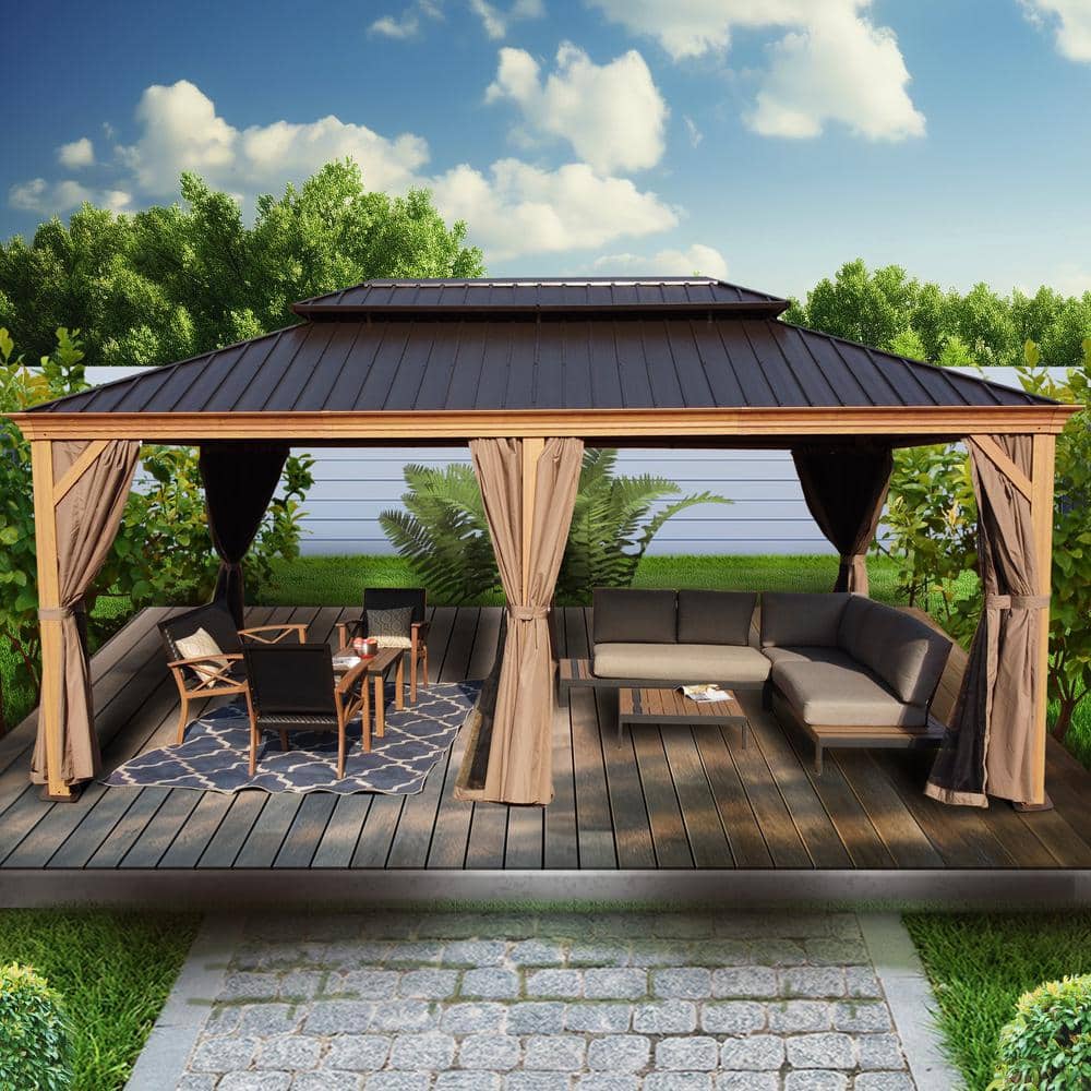 Apollo 12' x 20' Brown Aluminum Hardtop Gazebo with Mosquito Net