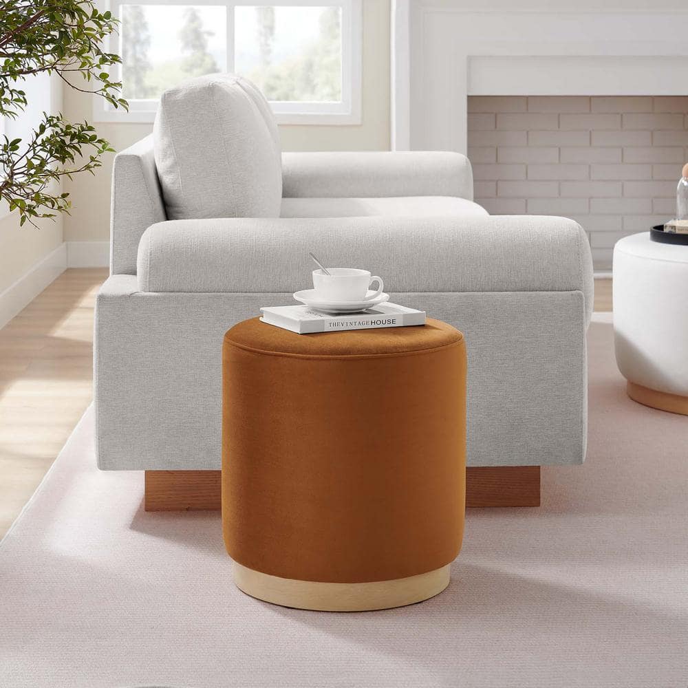 Tilden 16" Round Rust Velvet Upholstered Ottoman with Rubberwood Base