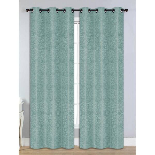 Bella Luna Semi-Opaque Marcus Jacquard 84 in. L Room Darkening Grommet Curtain Panel Pair, Grey Teal (Set of 2)