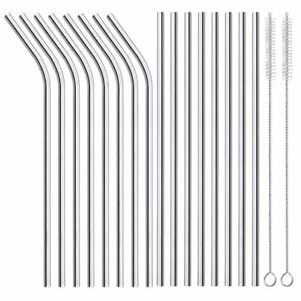 16-Piece Stainless Steel Metal Straws, Silver, in Stainless Steel Drinking Straws
