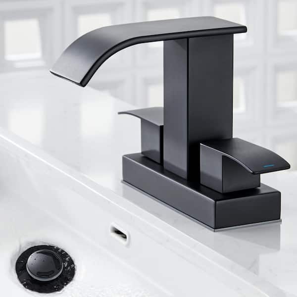 4 in. Centerset Double-Handle Waterfall Spout Bathroom Vessel Sink Faucet with Drain Kit Included in Matte Black
