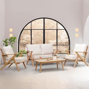 4-Piece Acacia Wood Patio Conversation Set, Outdoor Seating Sofa Set with Grey Cushions and Back Pillow, Coffee Table