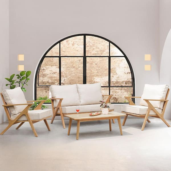 Unbranded 4-Piece Acacia Wood Patio Conversation Set, Outdoor Seating Sofa Set with Grey Cushions and Back Pillow, Coffee Table