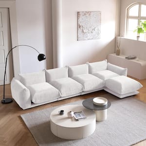 130.7 in. Comfy Floor Level Minimalism 4-Seat Sofa Flared Arm Wide Bread Shape Chenille Thick Couch with Ottoman, Beige