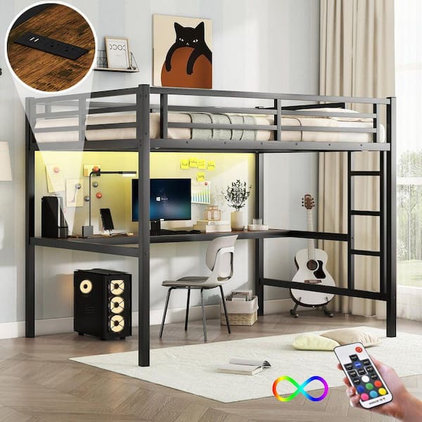 Black Full Size Loft Bed with Desk and LED Light Modern Metal Loft Bed with Guardrails and Ladder Loft Bed for Kids