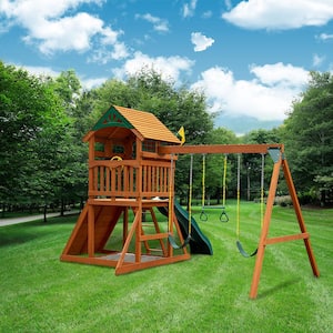 Outing III Wooden Outdoor Playground Set with Wood Roof, Slide, Sandbox, Rock Wall, Swing Set, and Playset Accessories