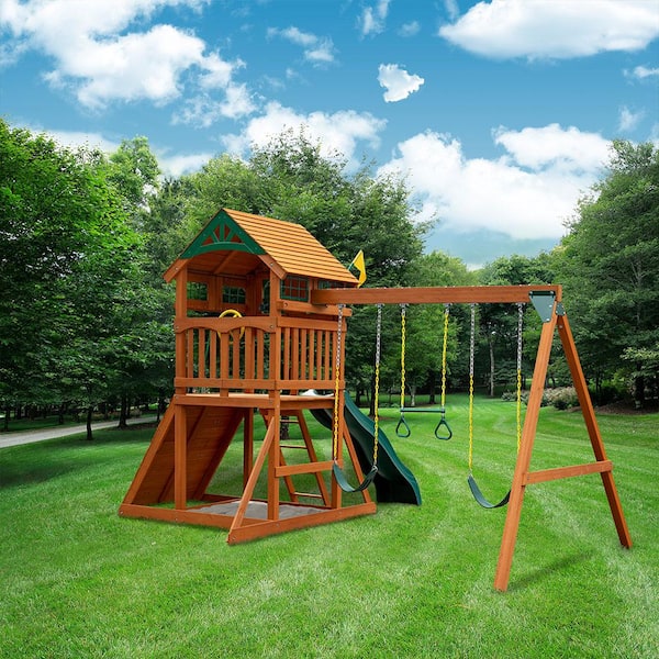Outing III Wooden Outdoor Playground Set with Wood Roof, Slide, Sandbox, Rock Wall, Swing Set, and Playset Accessories