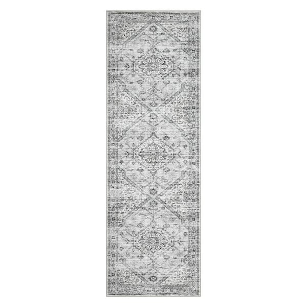 Vintage Printed Rug Distressed Floral Carpet Soft Non-slip Thin Carpet for Living Room Farmhouse Light Gray，2X6ft