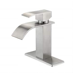 Waterfall Spout Bathroom Faucet, Single Hole Single Handle Bathroom Vanity Sink Faucet in Brushed Nickel