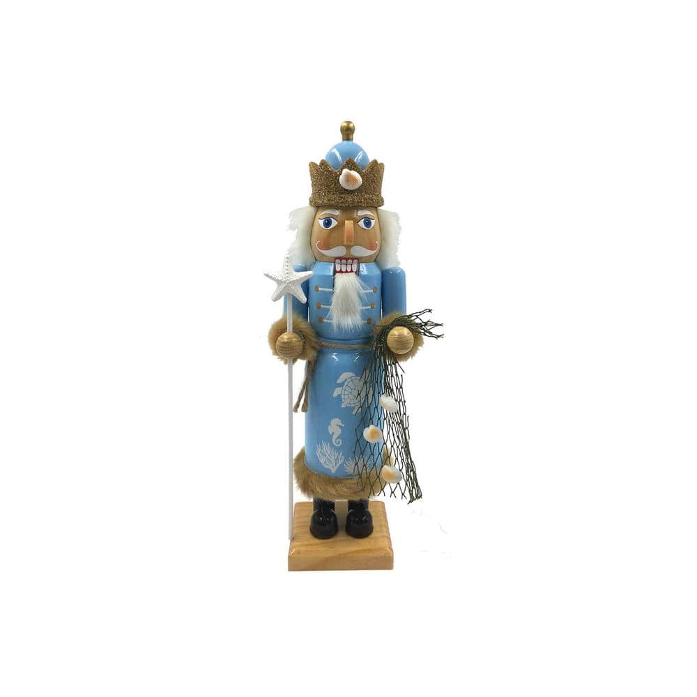 14" Coastal King Nutcracker with Blue Overcoat and Furry Detailing