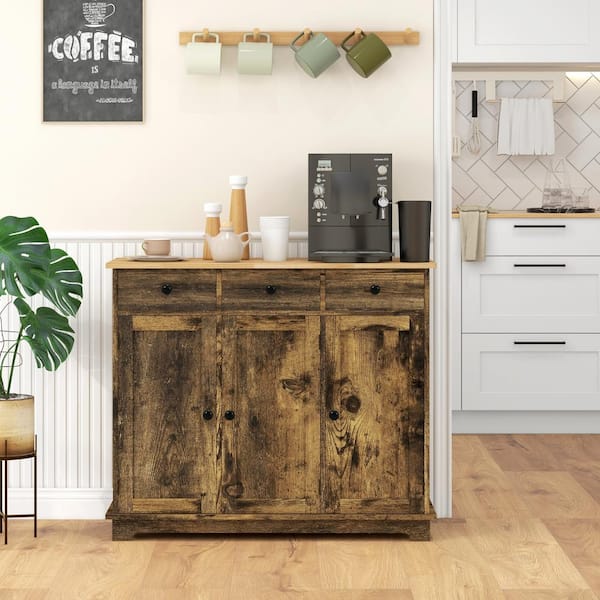 Tileon 39 in. Brown Wood Sideboard Coffee Bar, Modern Kitchen Storage Cabinet with 3 Drawers, 2 Doors and Adjustable Shelf