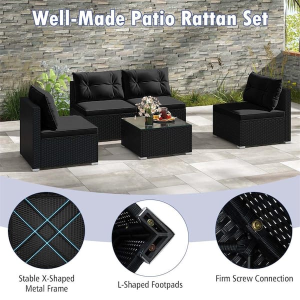 Costway 5-Piece Wicker Patio Conversation Set with Tempered Glass Tabletop and Seat and Back Black Cushions HCST04834