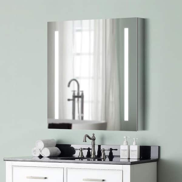 ANGELES HOME 30 in. W x 30 in. H Silver Recessed/Surface Mount LED Medicine Cabinet with Mirror Defogger, USB, Outlets