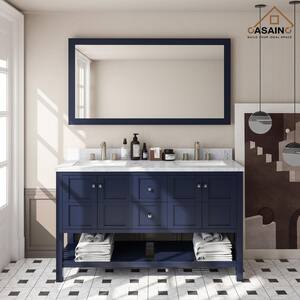 60 in. W x 22 in. D x 35.4 in. H Double Sink Solid Wood Bath Vanity in Navyblue with White Natural Marble Top and Mirror