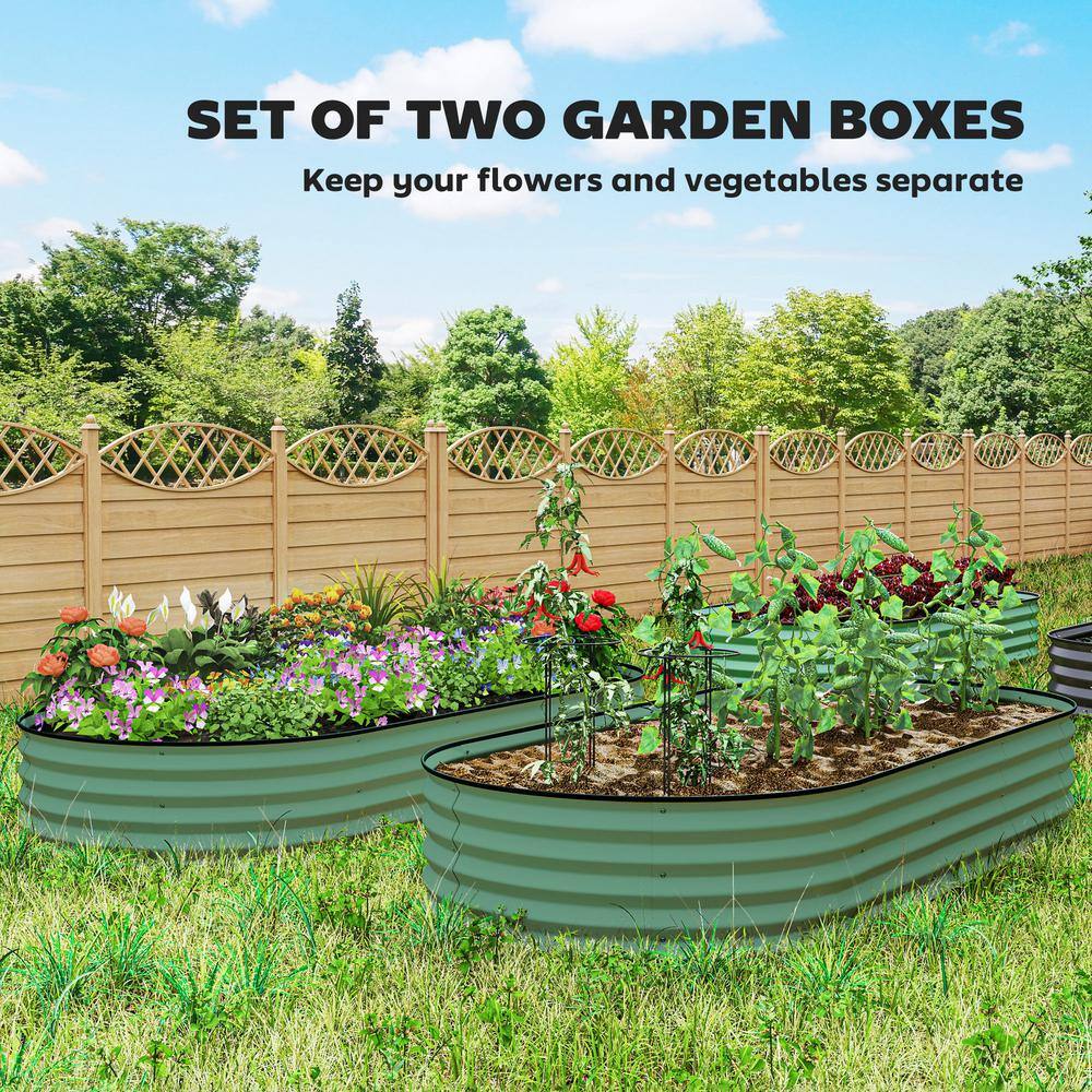 Green Galvanized Steel Raised Garden Bed Set with Metal Plant Stakes