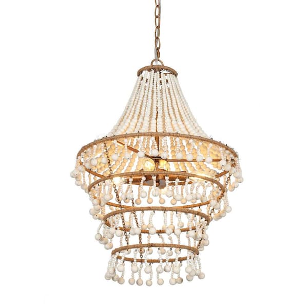 4-Light Antique Gold Drum Chandelier with Weathered White Wood Beads