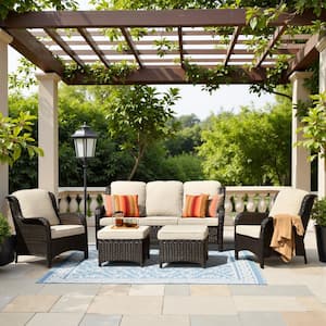 New Kenard Brown 5-Piece Wicker Outdoor Patio Conversation Seating Set with Beige Cushions