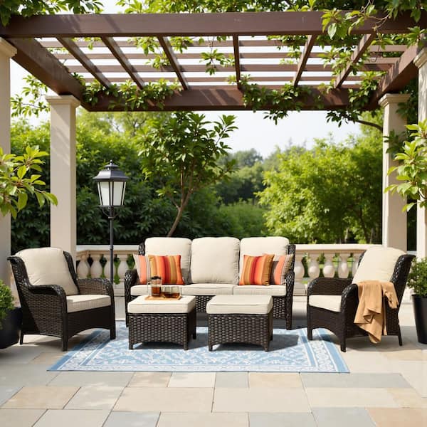 OVIOS New Kenard Brown 5-Piece Wicker Outdoor Patio Conversation Seating Set with Beige Cushions