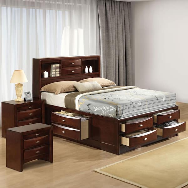 Lanten 3-Piece Brown Wood Frame King Bedroom Set with Side Drawers and Bookcase Headboard