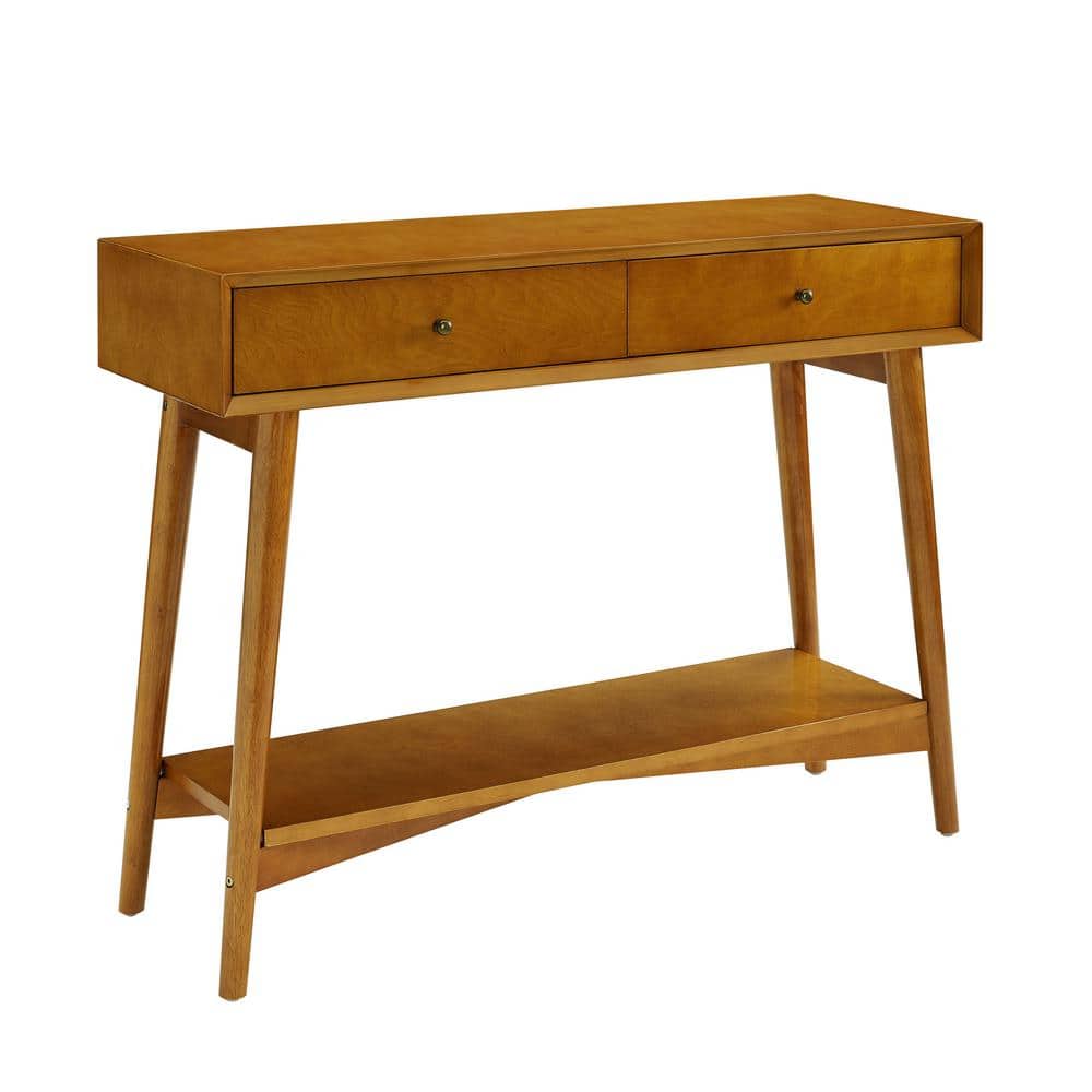 Mid-Century Acorn Brown Wood Console Table with Storage