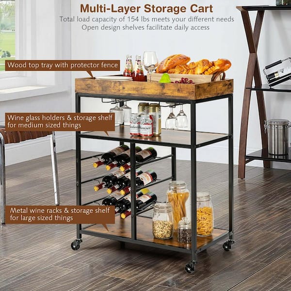 Rustic Brown Black 3 Tier Utility Serving Cart Rolling Kitchen Office Storage 