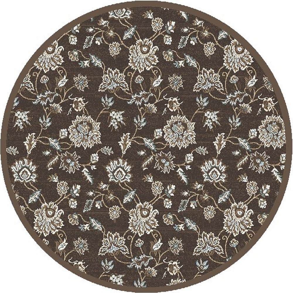 Pisa Brown 5 ft. Round Traditional Floral Area Rug