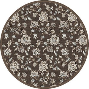 Pisa Brown 5 ft. Round Traditional Floral Area Rug