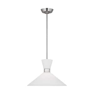 Belcarra Medium 15 in. W x 10.125 in. H 1-Light Brushed Steel Statement Pendant Light with Etched White Glass Shade