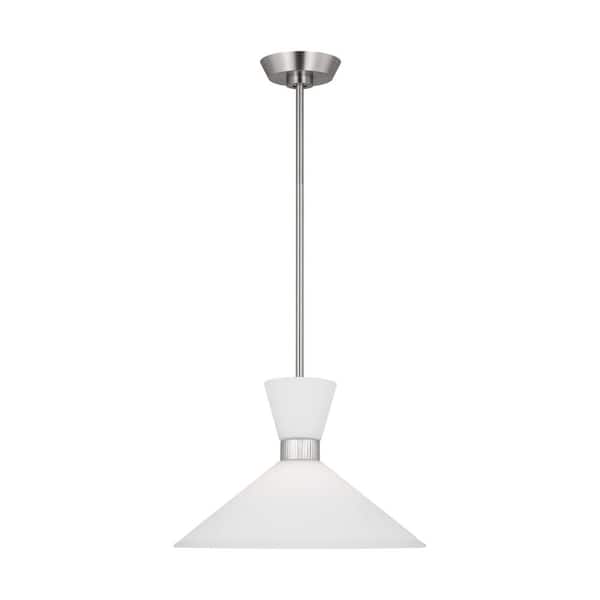 SCOTT LIVING Belcarra Medium 15 in. W x 10.125 in. H 1-Light Brushed Steel Statement Pendant Light with Etched White Glass Shade