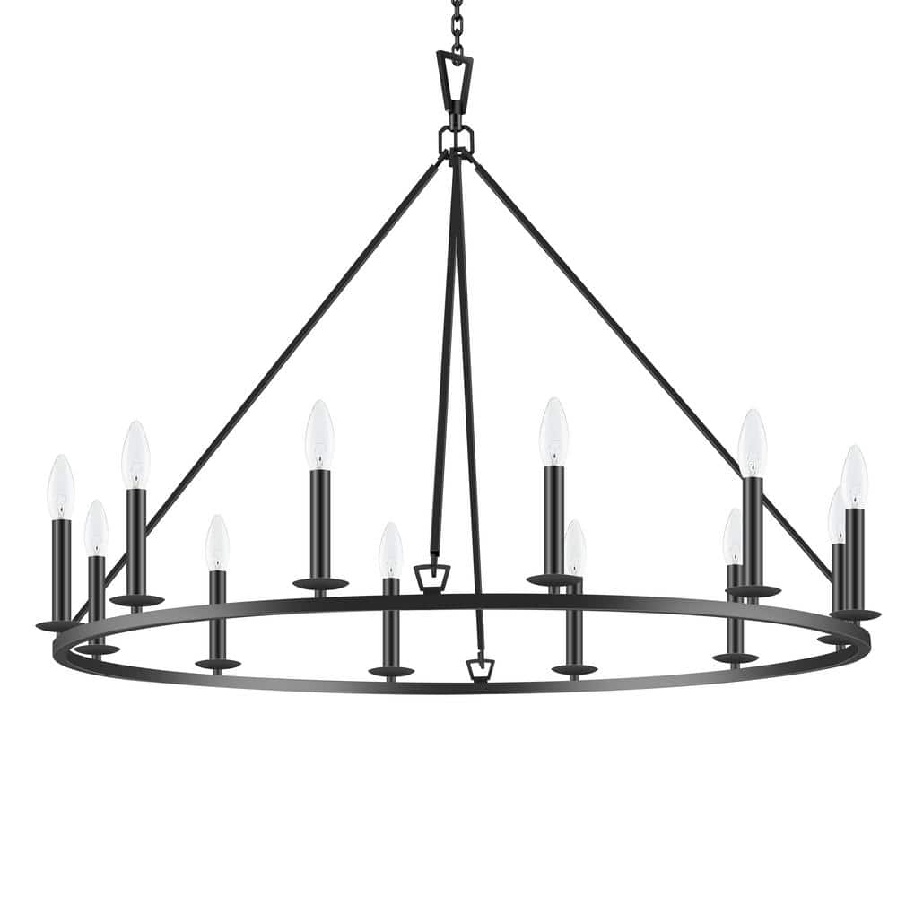 Black 12-Light Industrial Wagon Wheel Chandelier