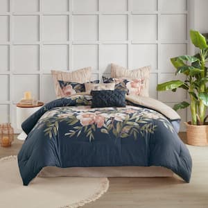 Maia 8-Piece Navy Floral Cotton Queen Comforter Set