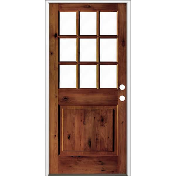 Krosswood Doors 36 in. x 80 in. Rustic Knotty Alder Clear Low-E Glass 9-Lite Red Chestnut Stain Left Hand Single Prehung Front Door