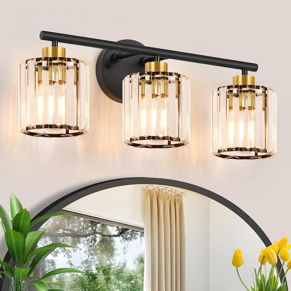 ZSMIHDOH 19.7 in. 3-Light Black and Gold Bathroom Vanity Light with Crystal Shades