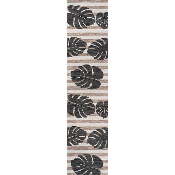 Allison Classic Beach Stripe and Monstera Leaf Black/Beige 2 ft. x 8 ft. Indoor/Outdoor Runner Rug