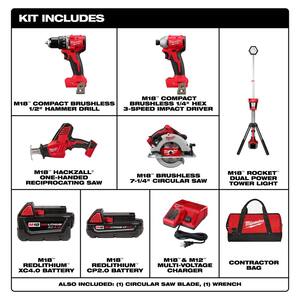 M18 18-Volt Lithium-Ion Brushless Cordless Combo Kit (4-Tool) with 2-Batteries, 1-Charger and Tool Bag with Tower Light