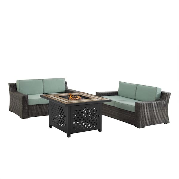 CROSLEY FURNITURE Beaufort 3-Piece Wicker Patio Fire Pit Seating Set with Mist cushions