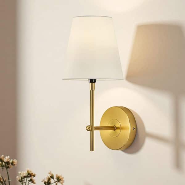 1-Light Brushed Gold Plug-In/Hardwired Swing Arm Wall Lamp with White Fabric Shade for Bedroom and Foyer