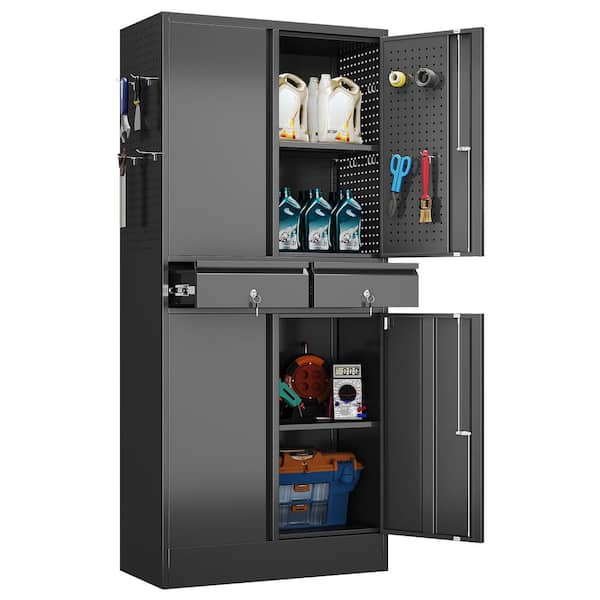 30 in. W x 71 in. H x 15 in. D Metal Freestanding Storage Cabinet with 2-Shelves and Drawers, Hooks, Pegboard in Black