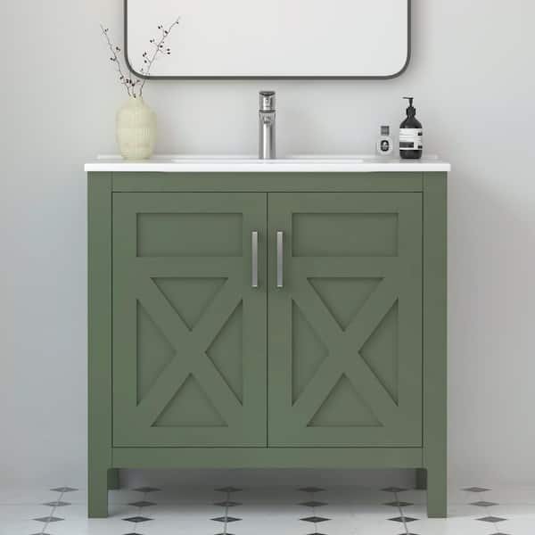 HOMEVY STUDIO Silvia 36.25 in. W x 18.5 in. D x 35 in. H Single Sink Freestanding Bath Vanity in Forest Green with White Ceramic Top
