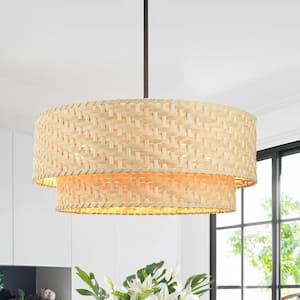 Nova 20 in. 4-Light Convertible Modern Craftsmanship Chandelier with Double Rattan Shade, Semi-Flush Mount Light