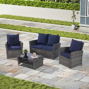 4-Piece Outdoor Wicker Patio Conversation Set with Tempered Glass Coffee Table, Poolside Lawn Chairs, Blue Cushions