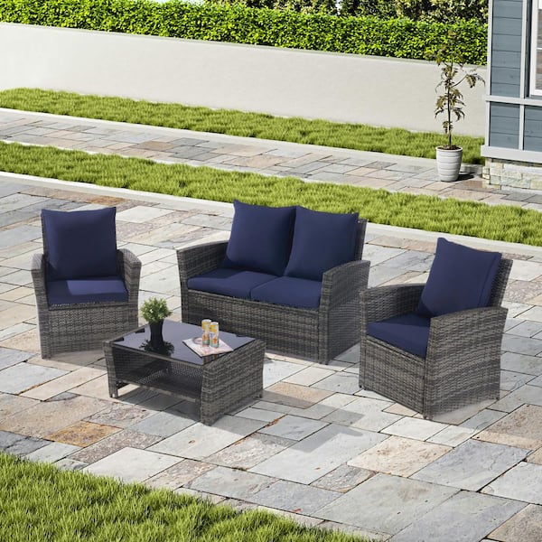 Unbranded 4-Piece Outdoor Wicker Patio Conversation Set with Tempered Glass Coffee Table, Poolside Lawn Chairs, Blue Cushions
