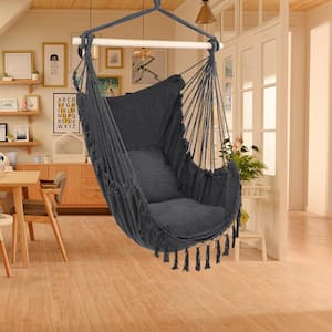 31.5 in. x 47.2 in. Portable Hammock Chair Cotton Canvas Hanging Rope Chair with Tassel and Pillow in Gray