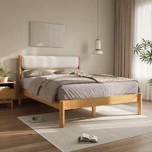 Brown Upholstered Panels with Natural Rubber Wood Frame Queen Platform Bed