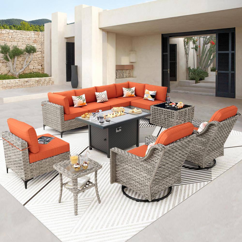 Supery Gray 11-Piece Wicker Rectangle Fire Pit Patio Conversation Set with Bold-Stripe Orange Red Cushions price history on PriceWatchPro