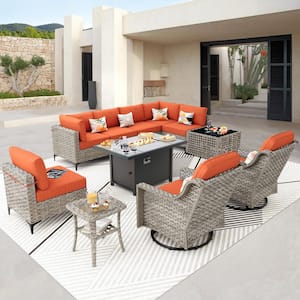 Supery Gray 11-Piece Wicker Rectangle Fire Pit Patio Conversation Set with Bold-Stripe Orange Red Cushions