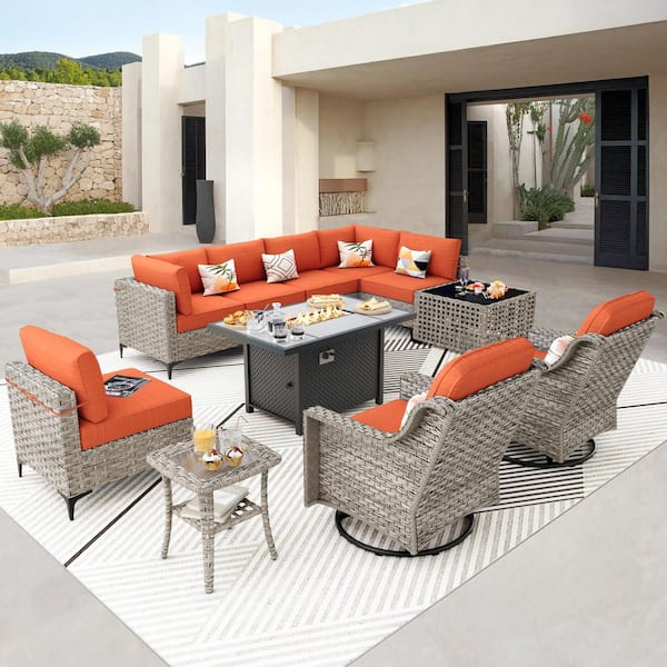 OVIOS Supery Gray 11-Piece Wicker Rectangle Fire Pit Patio Conversation Set with Bold-Stripe Orange Red Cushions