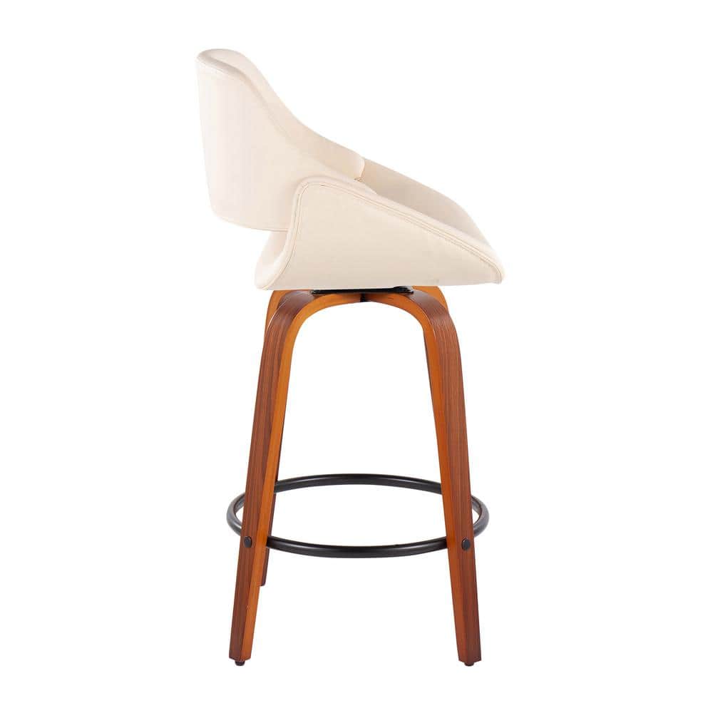Flared Walnut & Metal Swivel Counter Stool in Black/Cream