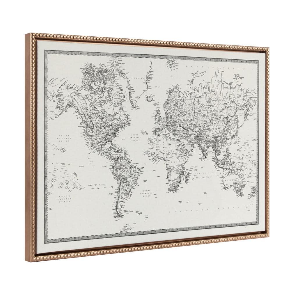 Vintage Gold Beaded Framed Black and White World Map Canvas Art